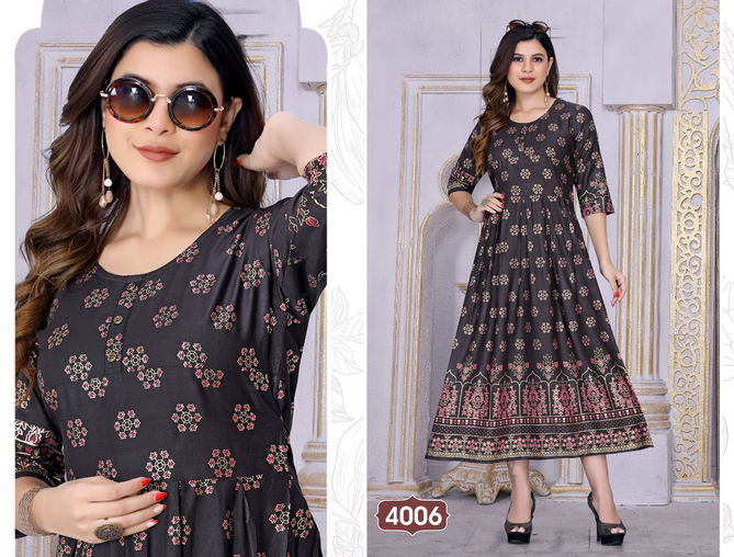 New Riyaa Albeli 2 Fancy Festive Wear Rayon Printed Long Kurti Collection